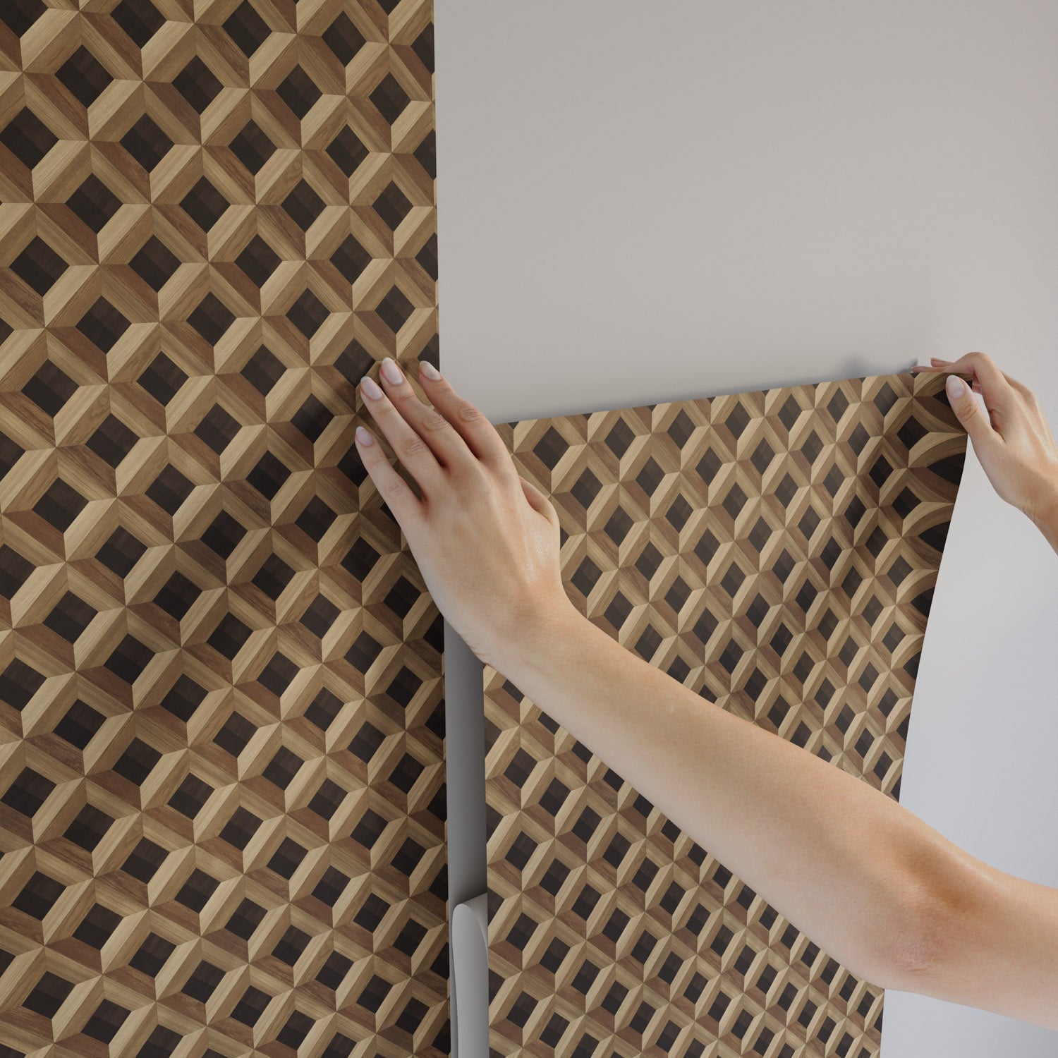 Lemieux et Cie Versailles Marquetry Geometric peel and stick wallpaper featuring a dimensional cube-grid design in warm brown tones, perfect for dining rooms and hallways.