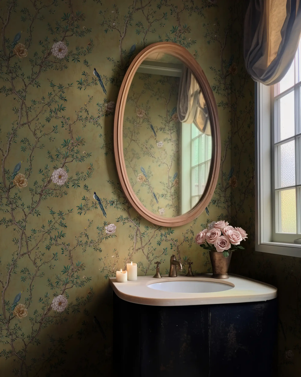 Lemieux et Cie Vertivier Wallpaper in soft green with botanical bird and branch motif, shown in powder room with oval mirror and natural light.
