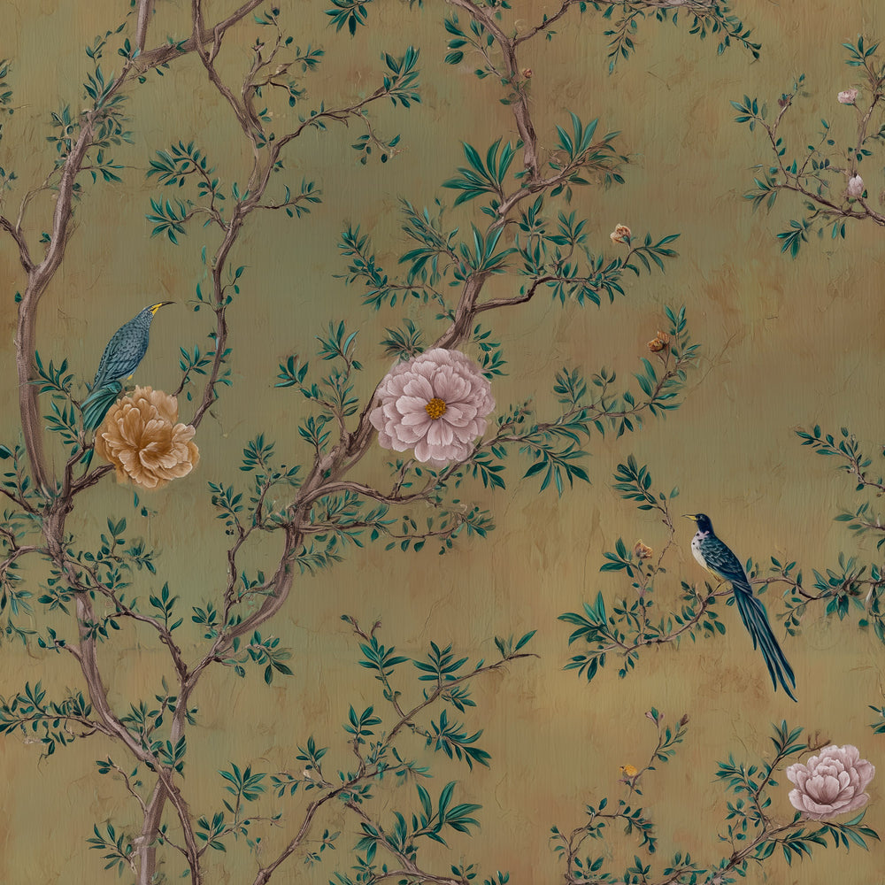 Lemieux et Cie Vertivier blue-green chinoiserie wallpaper with branches and peonies, tranquil asian inspired wallpaper design.