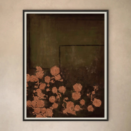 Lemieux et Cie Les Femmes Un fine art print depicting blush roses against dark ground, framed artwork hung on neutral plaster wall.