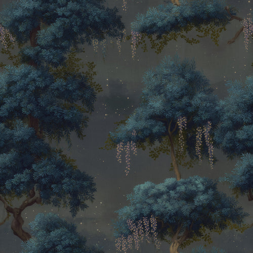 Lemieux et Cie Willow Night midnight blue chinoiserie wallpaper with twilight garden and wisteria, dramatic de gournay wallpaper style.