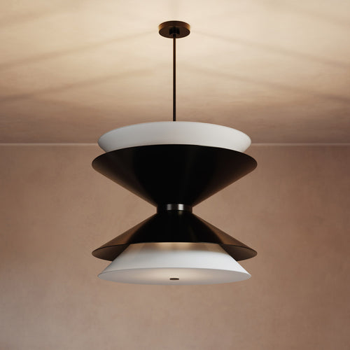 Lemieux et Cie Balleroy Chandelier in brass with rattan-wrapped stem, sculptural tiered dome form, hung against warm neutral plaster ceiling and walls.