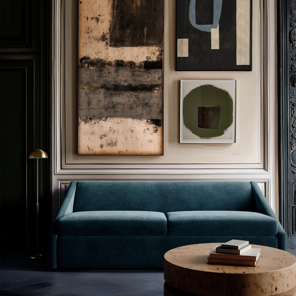 Lemieux et Cie Fontaine Sofa in deep teal upholstery, low-profile sofa in a sitting room with dark wood paneling, neutral walls, and abstract art