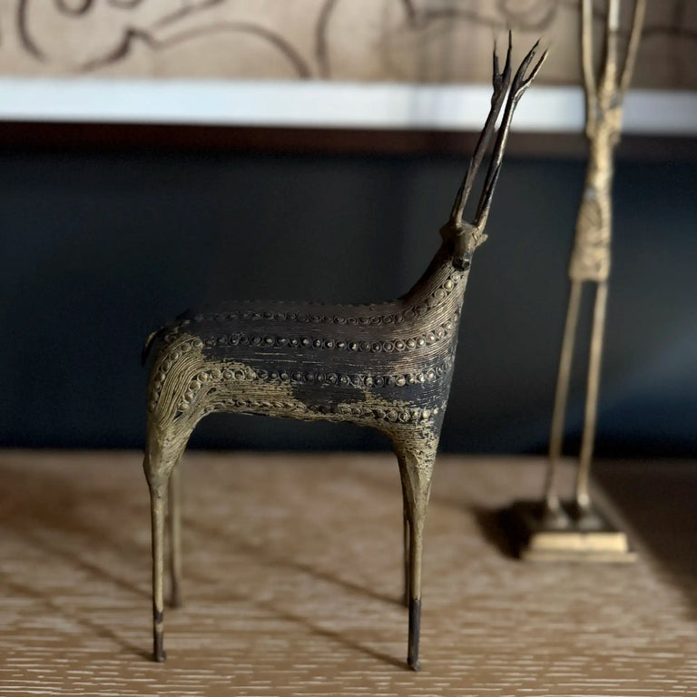 Vintage Brass Dhokra Deer Figurine - Tribal Antelope Sculpture