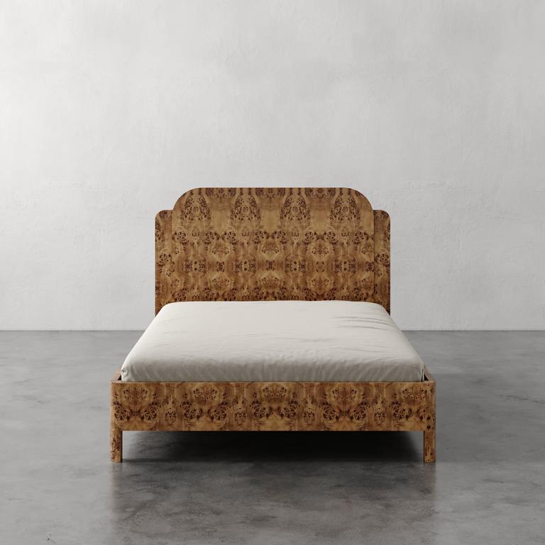 Lemieux et Cie Avenir Bed with patterned headboard and frame, bed shown on polished concrete floor against neutral plaster walls.