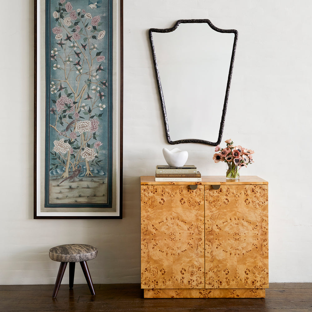 Lemieux et Cie Framing Add-On for Limited Edition Prints, long panel format with dark wood frame, displayed on neutral wall beside warm burl wood cabinet and chinoiserie botanical panel.