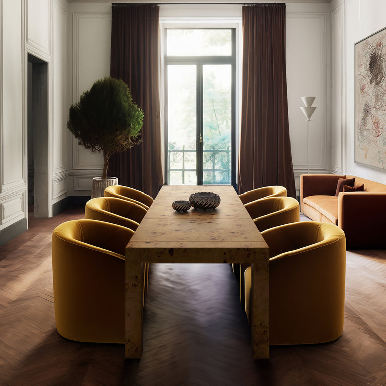 Lemieux et Cie Avenir Dresser in Mappa Burl with hand-cast brass hardware, dining table styled with rounded ochre chairs, herringbone wood floors in white-paneled room.