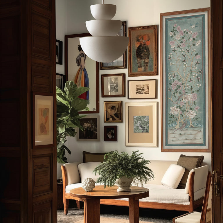 Lemieux et Cie Jardin de Jaipur fine art print in aged botanicals, hung alongside framed artworks in a sitting room with wood paneling and ivory sofa.