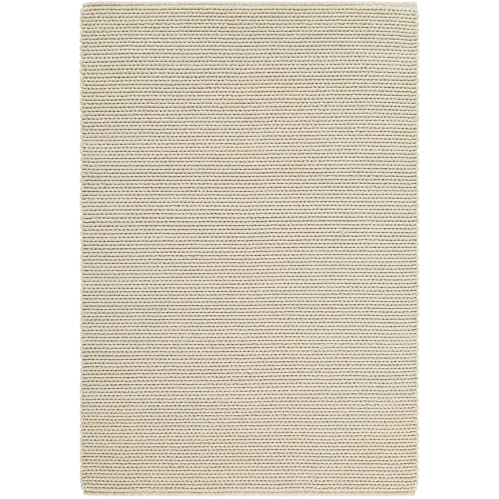Lemieux et Cie Tricot Handwoven Outdoor Rug in cream, textured woven rug with horizontal ridged pattern, shown on white studio backdrop.