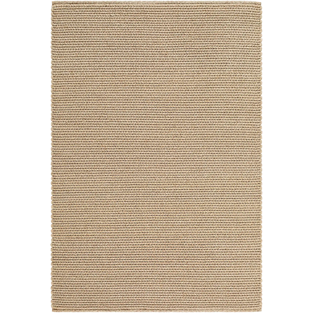 Lemieux et Cie Tricot Handwoven Outdoor Rug in natural tone, textured rectangular rug with horizontal ribbed pattern, shown on white studio backdrop.