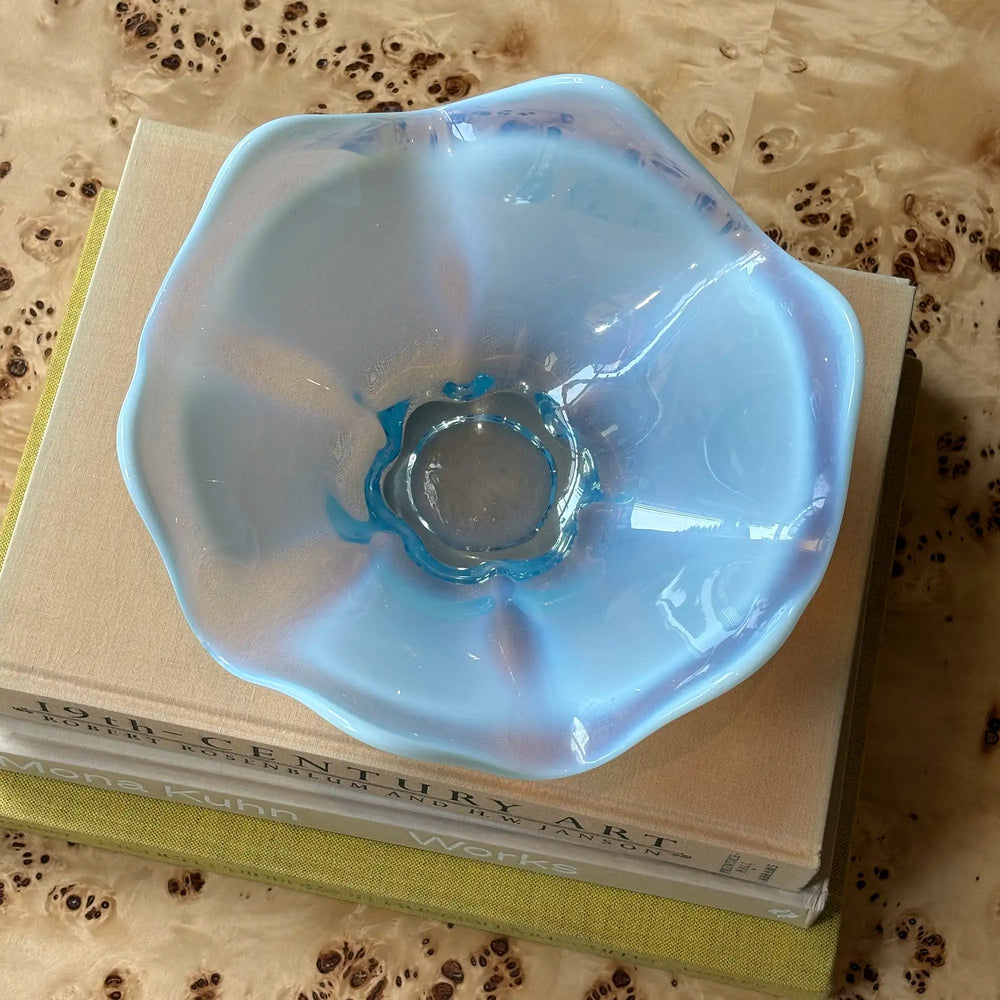 Vintage Blue Opalescent Art Glass Bowl with Rippled Edges