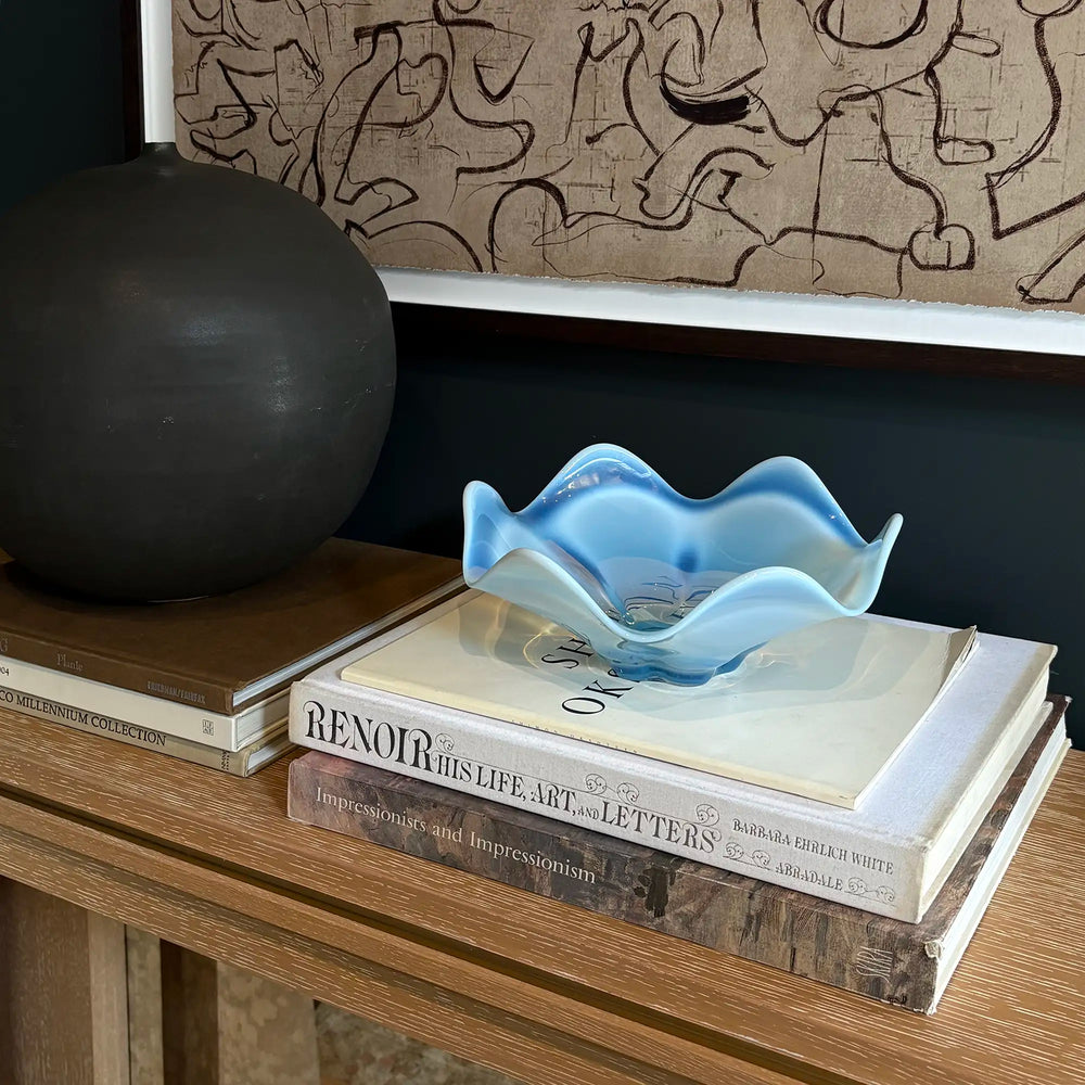 Vintage Blue Opalescent Art Glass Bowl with Rippled Edges