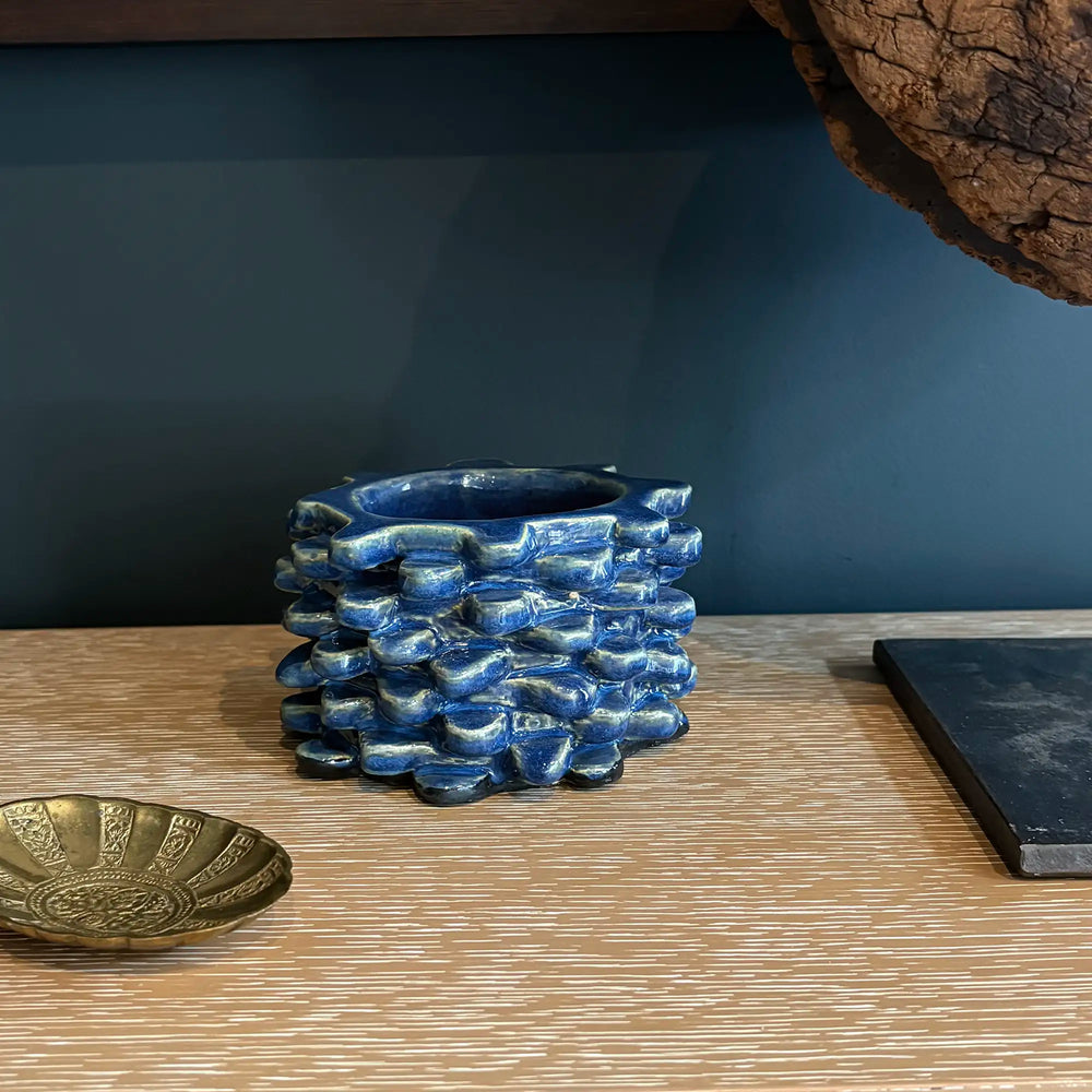 Handmade Brutalist Textural Vase in Blue Reactive Glaze