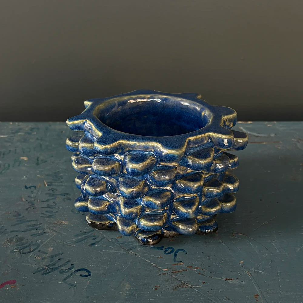 Handmade Brutalist Textural Vase in Blue Reactive Glaze