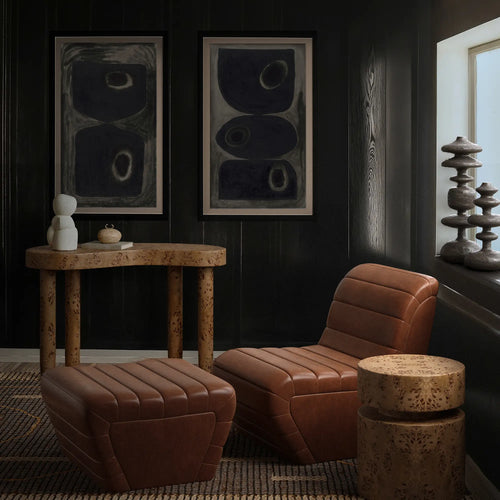 Lemieux et Cie Pierre Emmanuel Martin Limited Edition Print B2, framed fine art print with organic circular motifs, hung in a dark-paneled sitting room with leather seating.