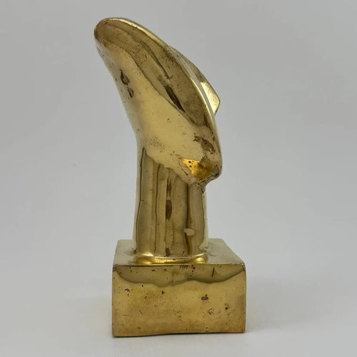 Lemieux et Cie Vintage Art Deco Abstract Brass Bust Sculpture with warm patina on cube base, shown on neutral studio backdrop