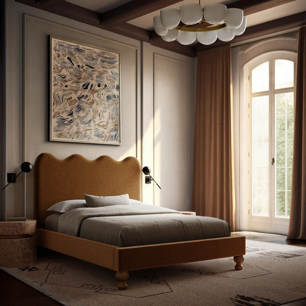 Lemieux et Cie La Campagne Limited Edition Art Print with organic topographic patterns in navy and sienna, displayed above a warm-toned bed in a wood-paneled bedroom with arched windows.