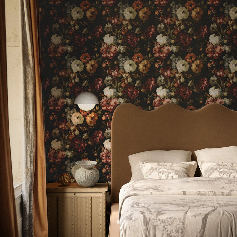 Lemieux et Cie Renaissance Floral moody wallpaper inspired by Old World still-life paintings, with shadowed florals and rich vintage depth on peel and stick, perfect for bedrooms and entryways.