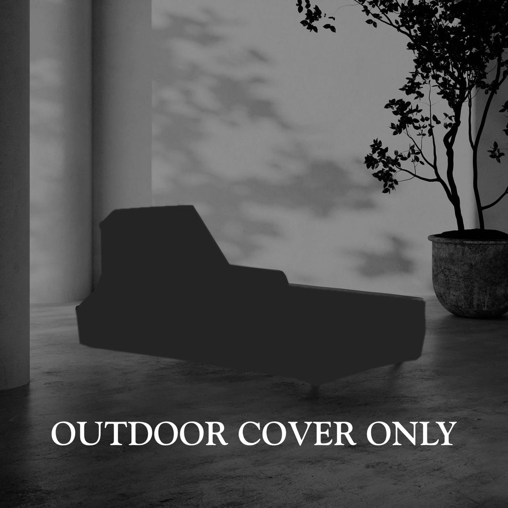 Lemieux et Cie Hudson Chaise Lounge Outdoor Cover, protective furniture cover shown on wood floor beside planters, casting dappled shadow on white wall.