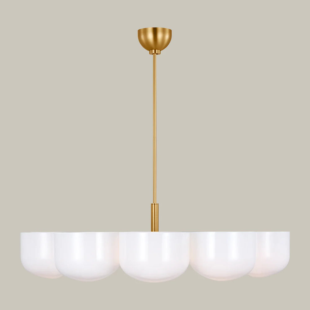 Lemieux et Cie Cheverny Collection extension rod kit, a burnished brass designer lighting accessory being used with the Cheverny Large Chandelier.
