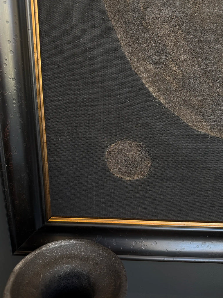 Lemieux et Cie Pierre Emmanuel Martin original oil and mixed media painting, framed artwork with organic abstraction on textured black ground, corner detail with warm light