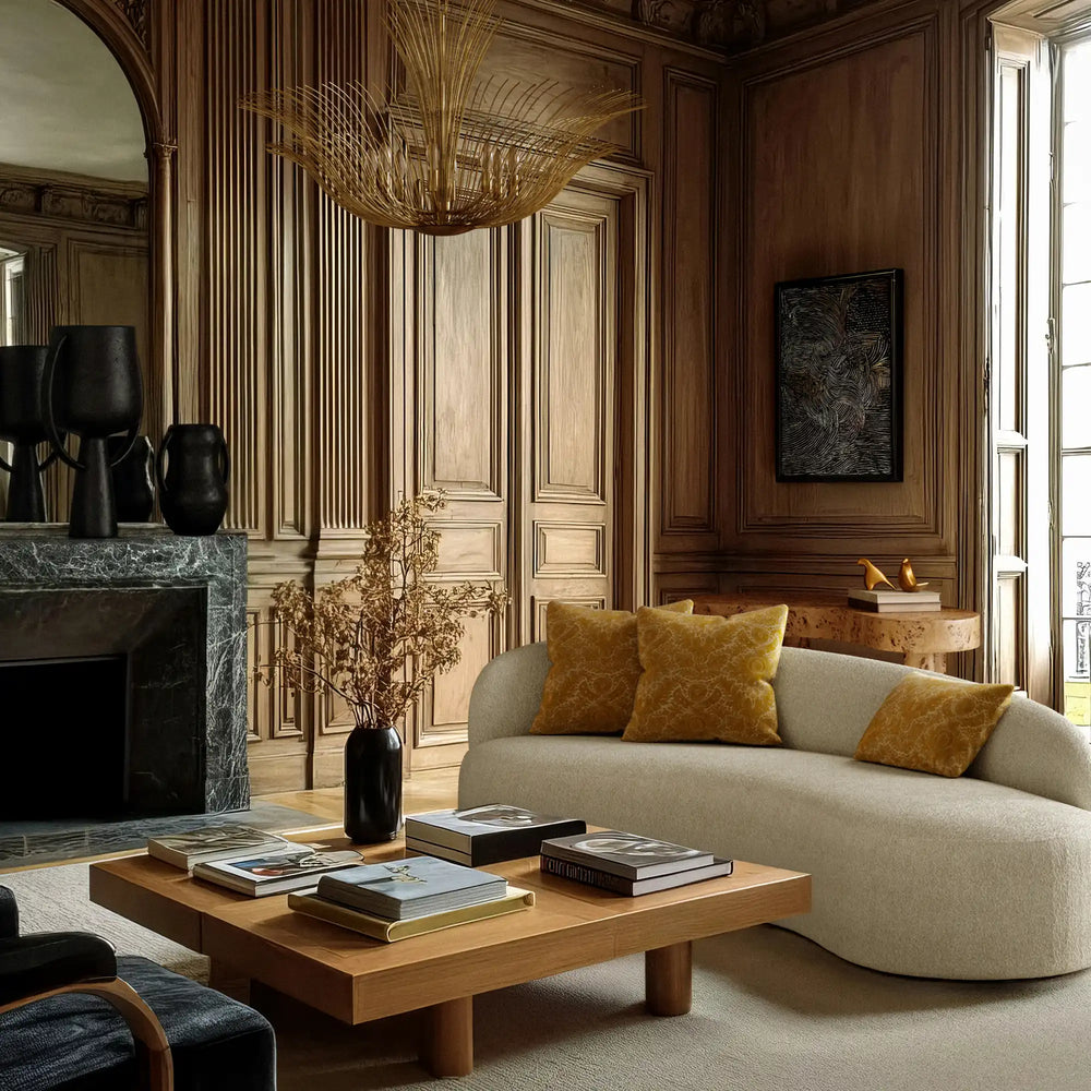 Lemieux et Cie Toile De Rouen Velvet Pillow in Saffron, golden ochre patterned velvet cushion on curved neutral sofa in wood-paneled sitting room.