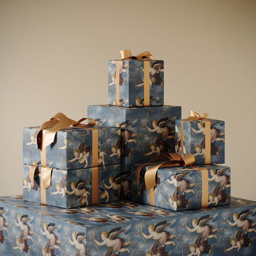 Stack of gifts wrapped in Lemieux et Cie Cupids Bow valentine's day gift wrapping paper inspired by Renaissance and Baroque art, when cherubs symbolized love, joy, and romance