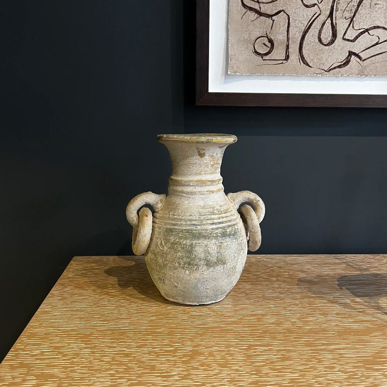 Vintage terracotta dangle chain vase with sculptural ring handles