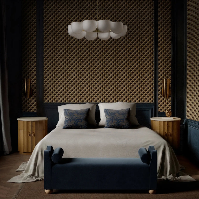 Lemieux et Cie Versailles Marquetry Geometric peel and stick wallpaper with parquet-style wood tones, shown in a grand bedroom with the Danielle bench and ondara nightstands.
