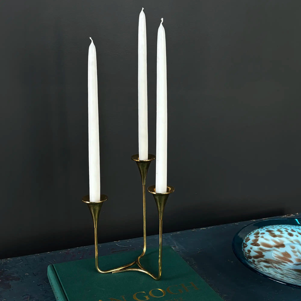 Vintage Danish Solid Brass Triple Candelabra, Scandinavian Modern