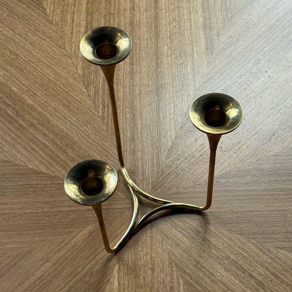 Vintage Danish Solid Brass Triple Candelabra, Scandinavian Modern