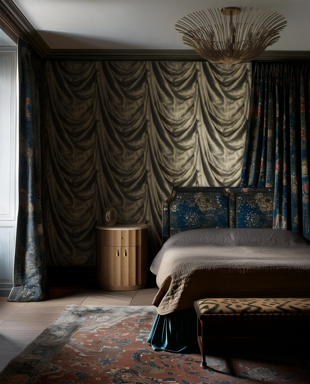 Luxurious bedroom styled with Lemieux et Cie Draped 3D fabric effect modern chinoiserie wallpaper, featuring gold iridescent silk drapery in a chinoiserie mural design, paired with ornate curtains and a chandelier.