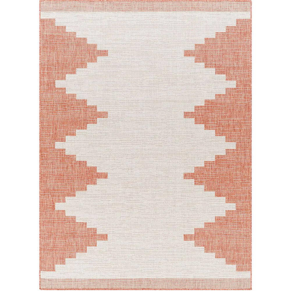 Lemieux et Cie Cottier Outdoor Rug in blush and ivory, geometric stepped border pattern, flatweave rug shown on white studio backdrop.