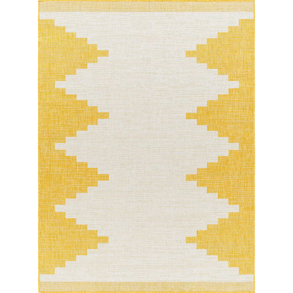 Lemieux et Cie Cottier Outdoor Rug in yellow and ivory, geometric stepped border pattern, flatweave rug shown on white studio backdrop.
