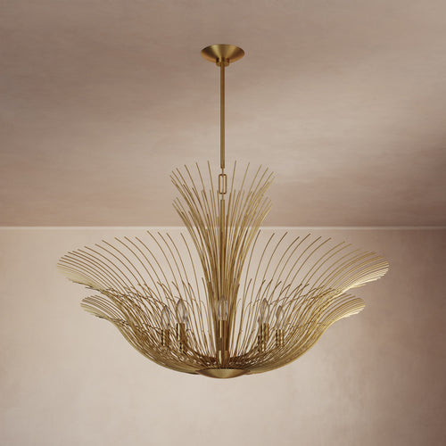 Lemieux et Cie Dorelle Chandelier, sculptural radiating wire form in warm tone, suspended against neutral plaster ceiling and walls in soft light.