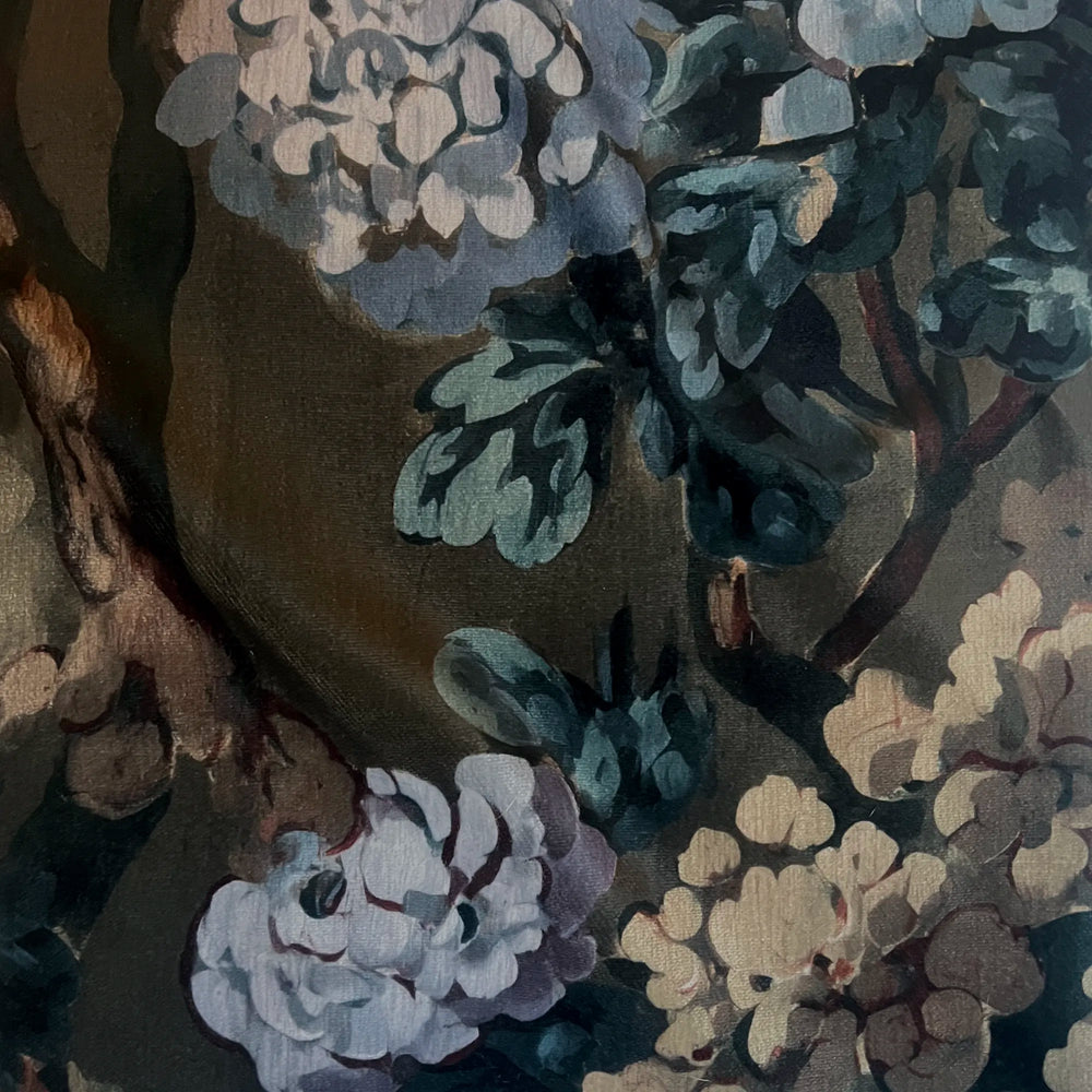 Lemieux et Cie Folie Floral Velvet Pillow in olive, teal and cream performance velvet, woven tapestry-style floral motif detail of botanical forms.