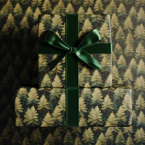 Lemieux et Cie Forest Evergreen Christmas wrapping paper with stylized evergreen trees and layered greens.