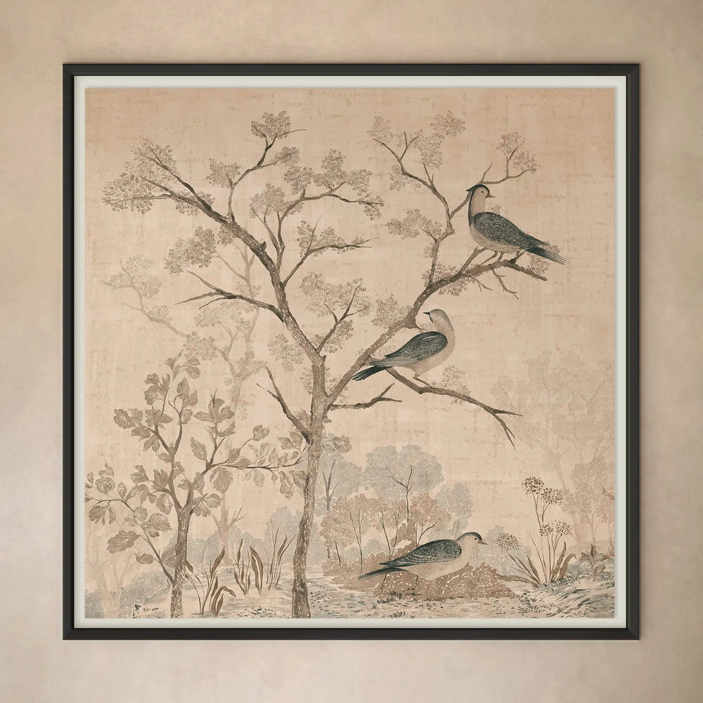 Lemieux et Cie Forêt de Lune limited edition archival print, chinoiserie scene with birds and branches in charcoal and cream, framed on neutral wall.
