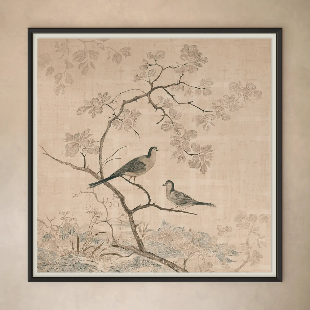 Lemieux et Cie Forêt de Lune Right limited edition archival print, chinoiserie scene with birds and flowering branches in charcoal and cream tonals, framed in dark wood on neutral plaster wall.