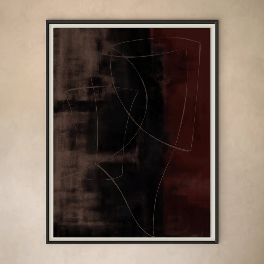 Lemieux et Cie abstract artwork with geometric line drawings on dark ground, framed print hung on neutral plaster wall in soft light.