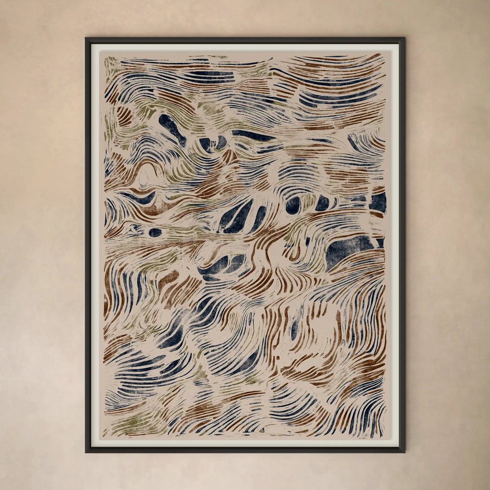 Lemieux et Cie La Campagne Limited Edition Art Print with organic topographic patterns in navy, sienna and olive, framed artwork on neutral plaster wall.