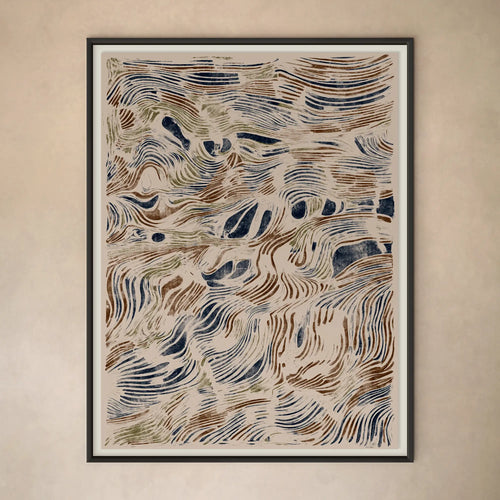 Lemieux et Cie La Campagne Limited Edition Art Print with organic topographic patterns in navy, sienna and olive, framed artwork on neutral plaster wall.