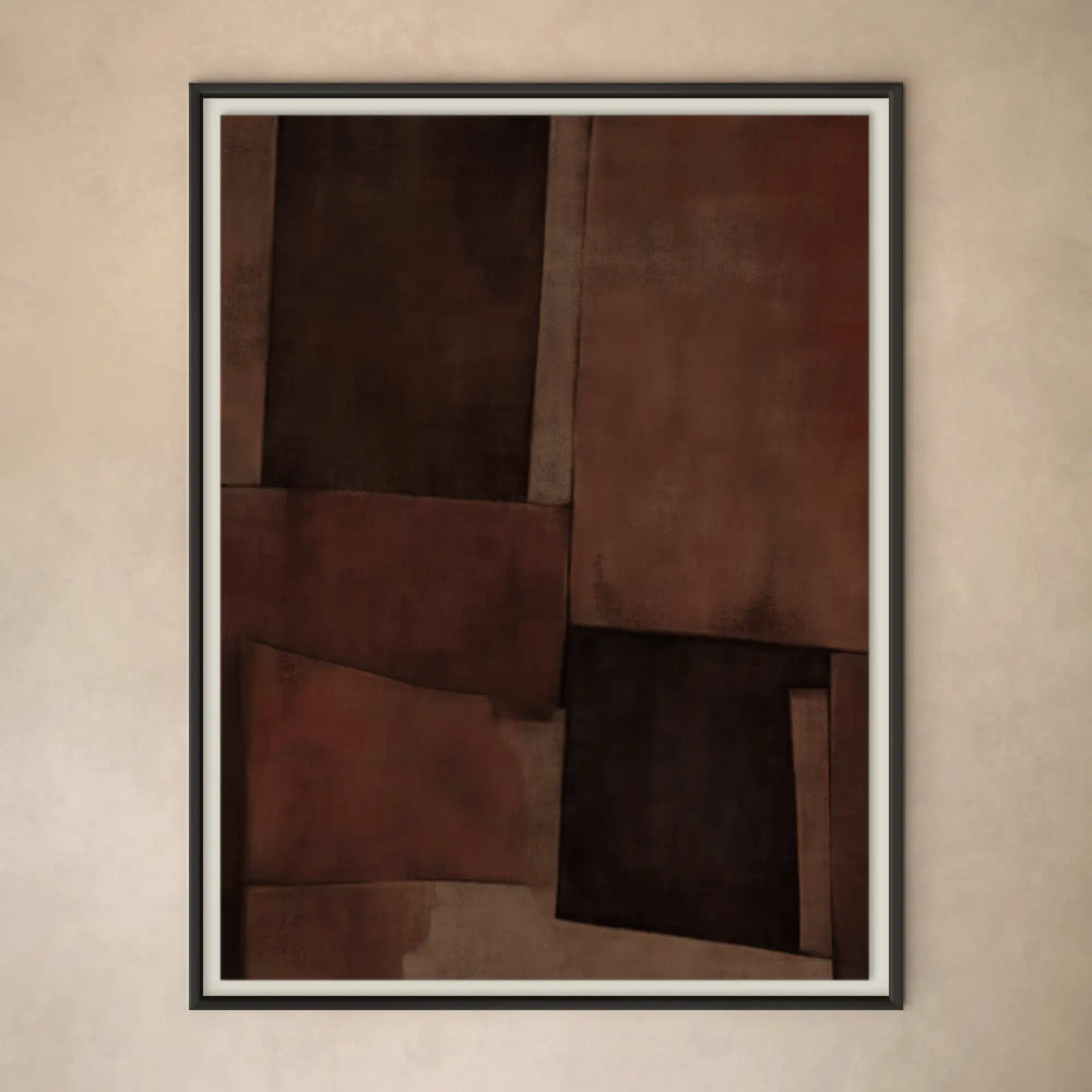 Lemieux et Cie Le Havre Limited Edition Art Print in cinnamon, blush and taupe, geometric abstract artwork in black frame on neutral wall.