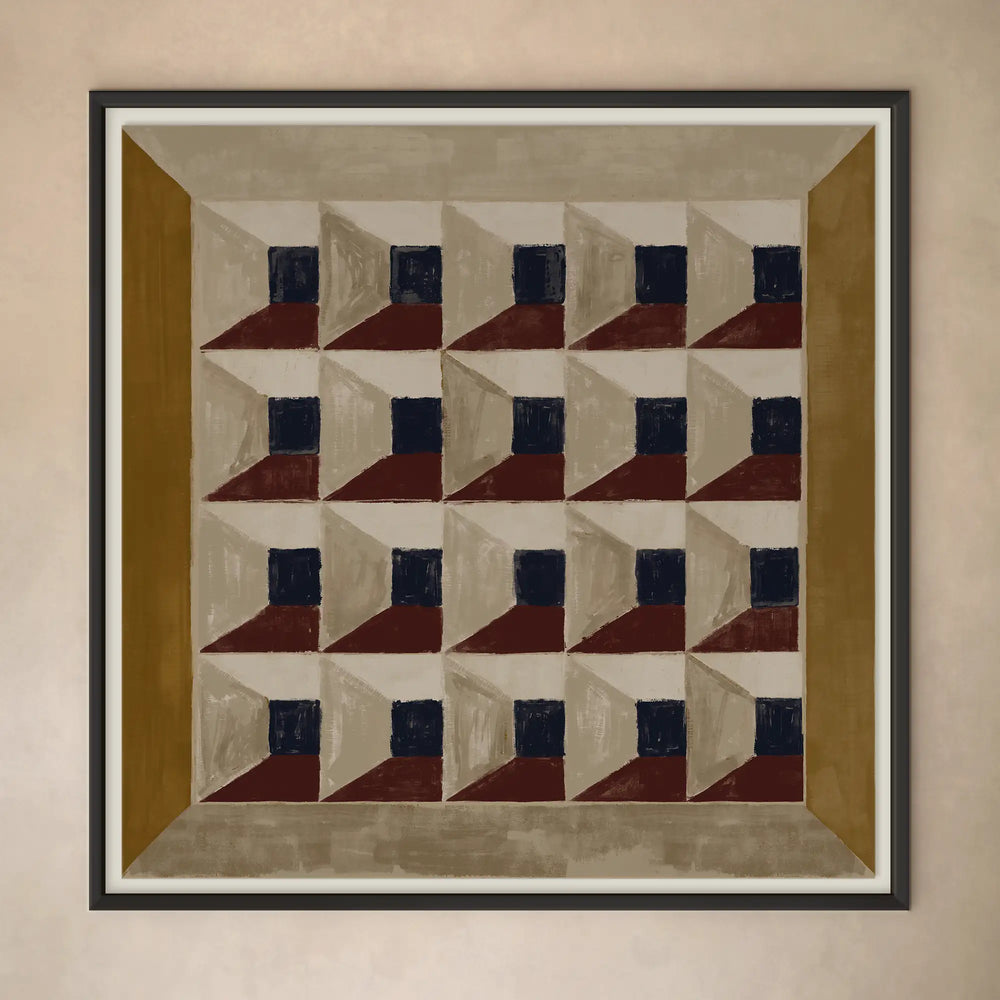 Lemieux et Cie Les Cubes 1 fine art print, geometric pattern with navy, rust and taupe trompe-l'oeil blocks, framed artwork on neutral wall
