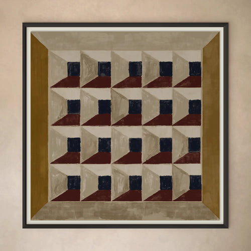 Lemieux et Cie Les Cubes 1 fine art print, geometric pattern with navy, rust and taupe trompe-l'oeil blocks, framed artwork on neutral wall