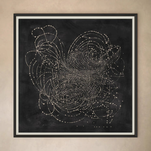Lemieux et Cie Les Étoiles limited edition art print in charcoal and ivory, swirling celestial abstraction with dotted constellations, framed on neutral plaster wall.
