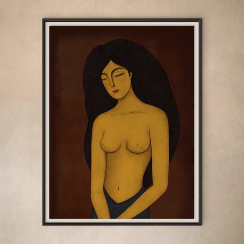 Lemieux et Cie Les Femmes Trois Limited Edition Art Print, framed portrait with warm tones and dark hair, hung on neutral plaster wall.