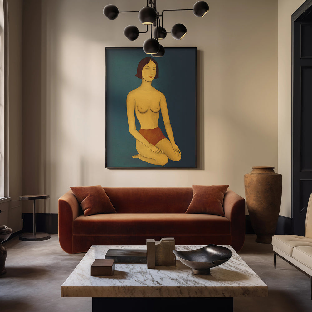 Lemieux et Cie Les Femmes Deux Limited Edition Art Print in warm rust sofa sitting room with marble coffee table and sculptural dark chandelier.