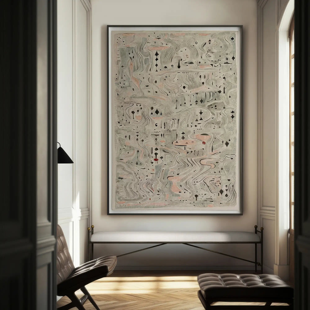 Lemieux et Cie Les Terrains art print in abstract organic forms with blush and charcoal tones, framed artwork above slim bench in white-paneled room with wood floors.