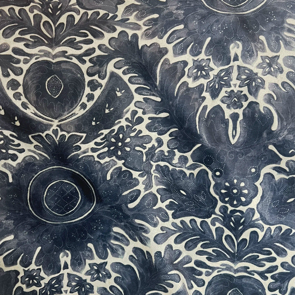 Lemieux et Cie Toile De Rouen Velvet Pillow in indigo and ivory, performance velvet with botanical motif, close detail of textile pattern.
